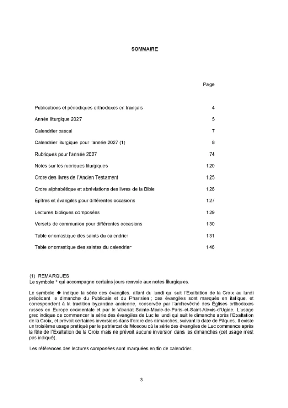 Calendrier liturgique orthodoxe 2027 Sommaire