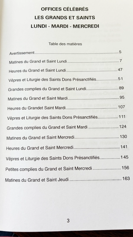 Offices grands et saints Lundi, Mardi et Mercredi, sommaire