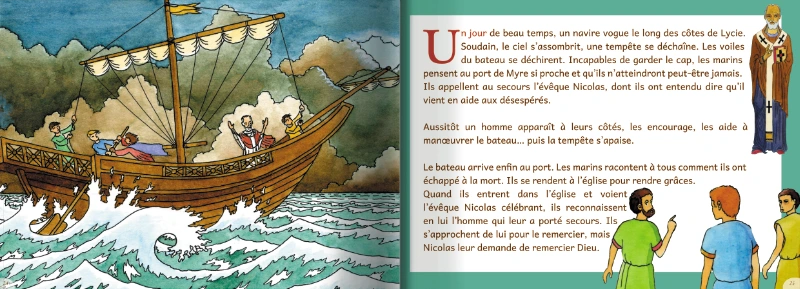 Saint Nicolas, raconté aux enfants livre illustré page 25 st Nicolas et la tempête