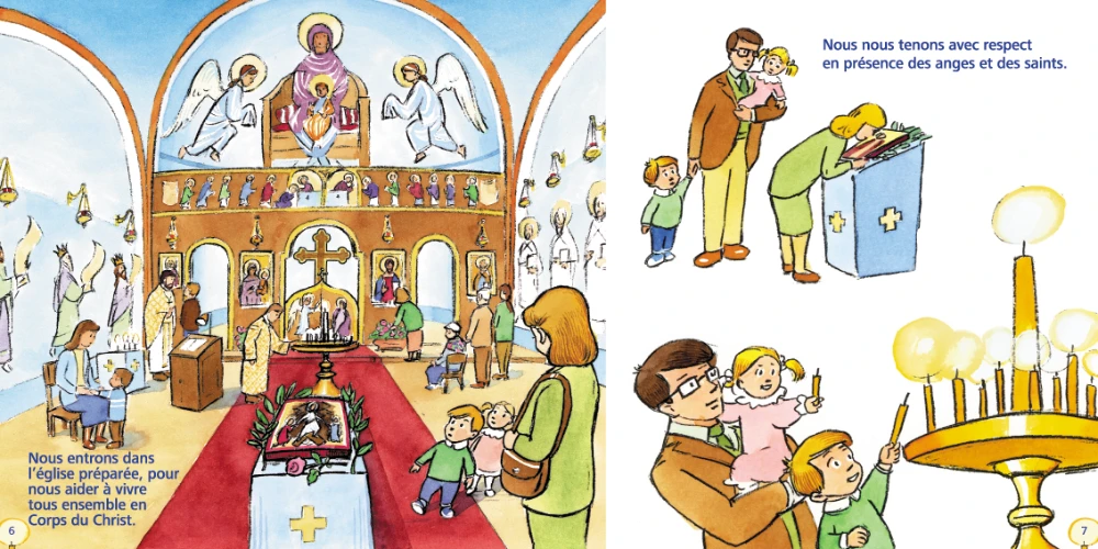 Un dimanche à l'église orthodoxe raconté aux enfants, L'intérieur d'une église les enfants Mettan des bougies et la maman vénérant l'icône